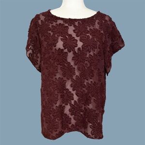 14th & Union Burgundy Wine Semi Sheer Textured Floral Short Sleeve Blouse ~ XL